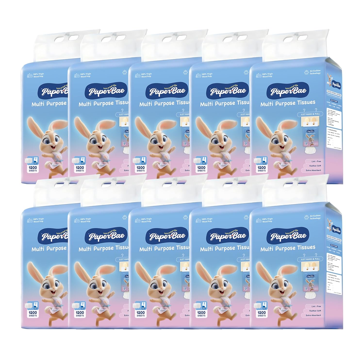 PaperBae Pack of 10 Gentle Baby Tissues | 4 Ply | 300 Pulls each