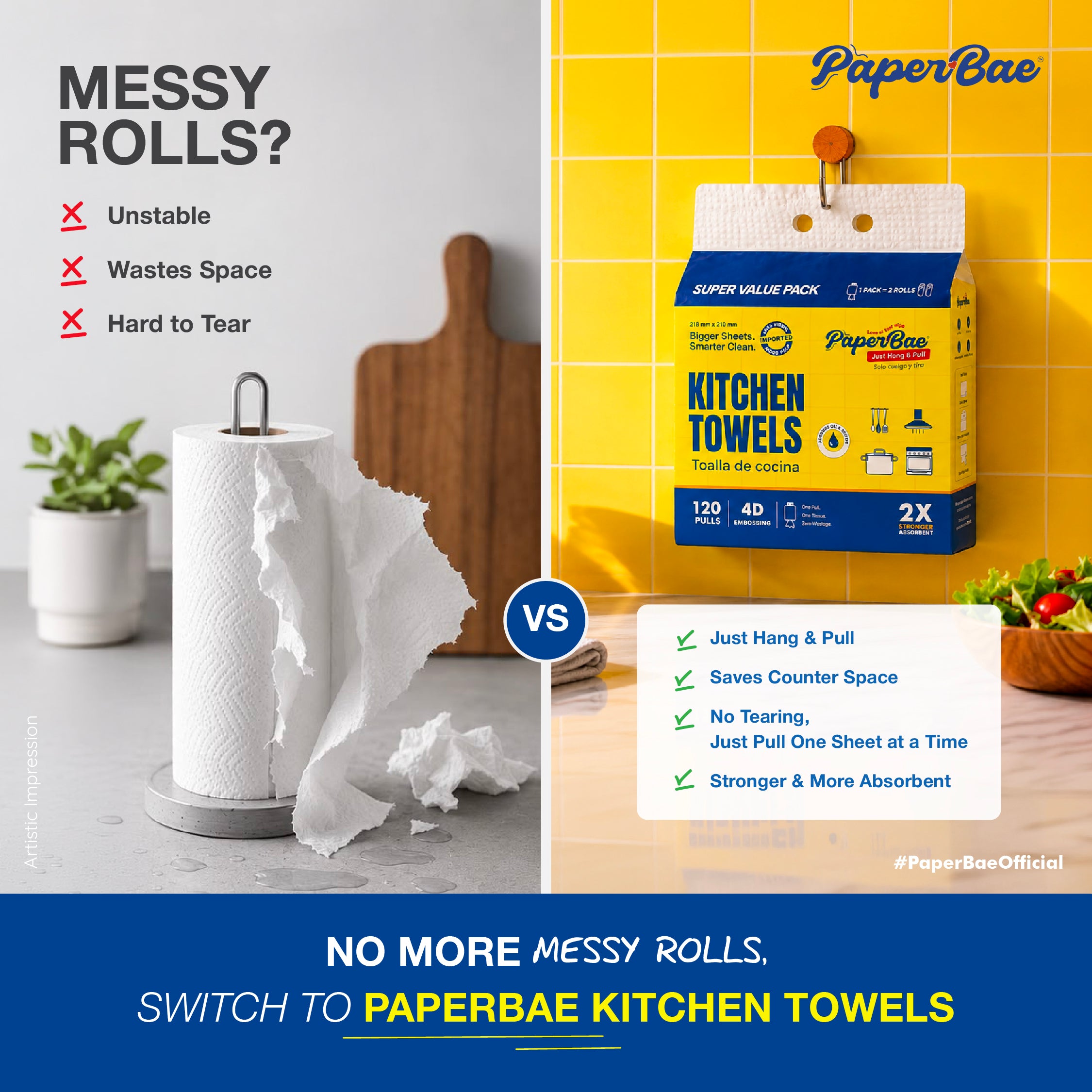 PaperBae Hang & Pull Kitchen Towels | 2 Ply | 120 Pulls