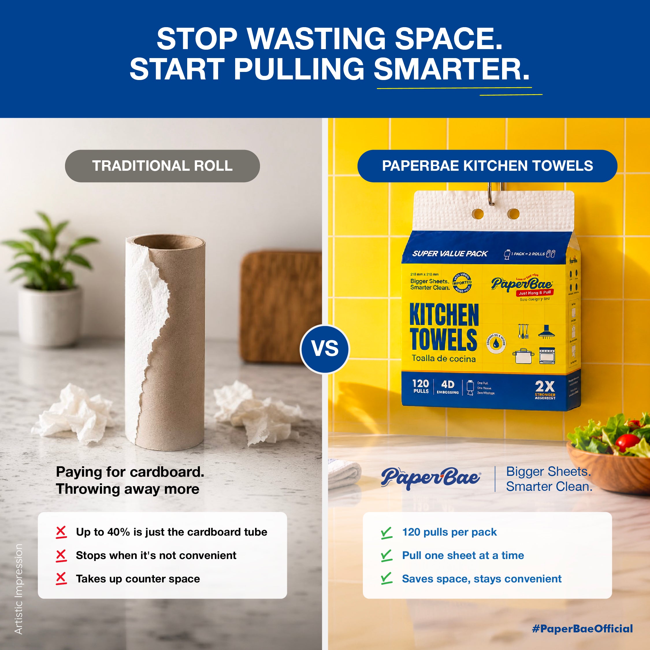 PaperBae Hang & Pull Kitchen Towels | 2 Ply | 120 Pulls